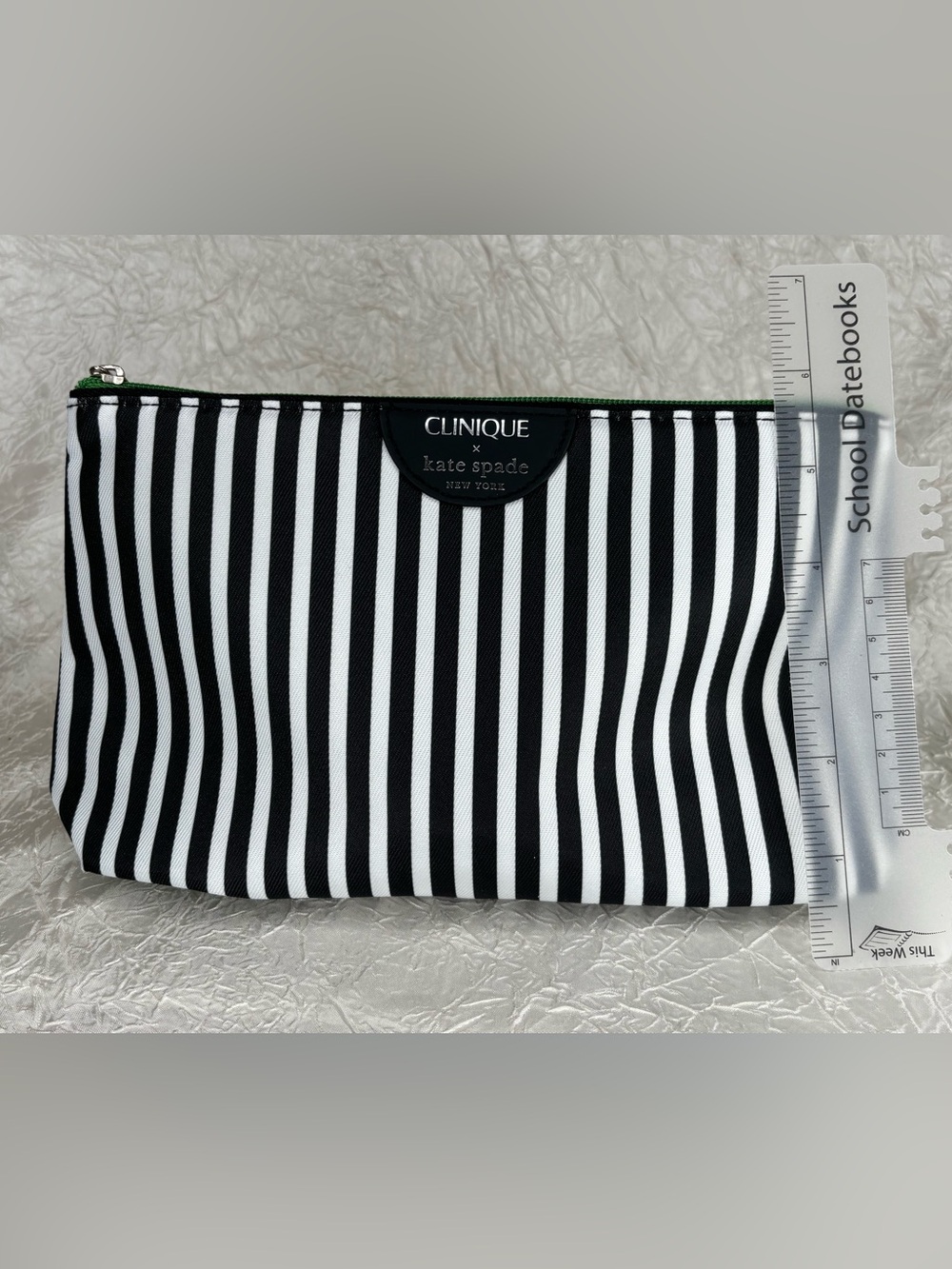 Clinique x Kate Spade Black White Striped Green Dots Makeup Bag Zipper Purse
